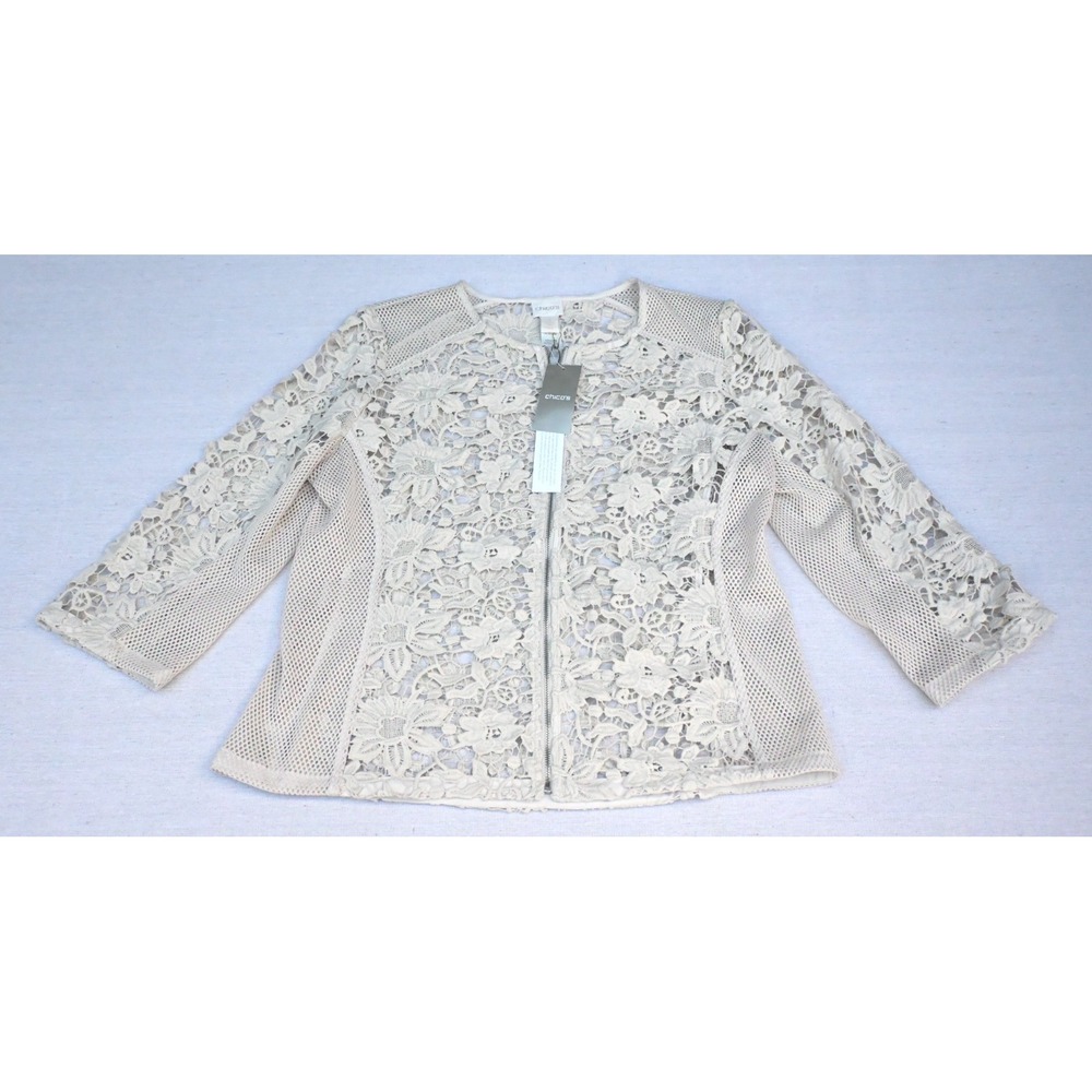 Chicos Womens 1 M NWT Greige Guipure Lace Zip Front Jacket 3/4 Sleeve Mesh Panel